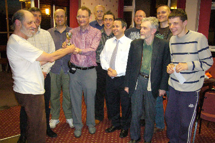 Laurence Wheatly makes the presentation to Ray Collett, 
<br>Captain of victorious Worcester City team